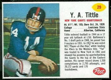 1962 Post Cereal Football Card #29: Y.A. Tittle