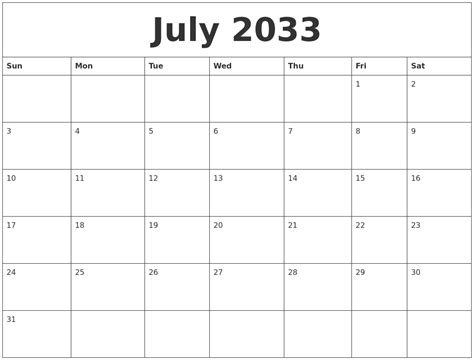 July 2033 Calendar For Printing