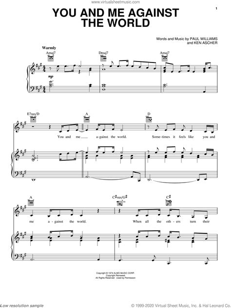 Reddy - You And Me Against The World sheet music for voice, piano or guitar