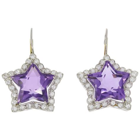 Amethyst Diamond Platinum Star Shaped Earrings For Sale at 1stdibs