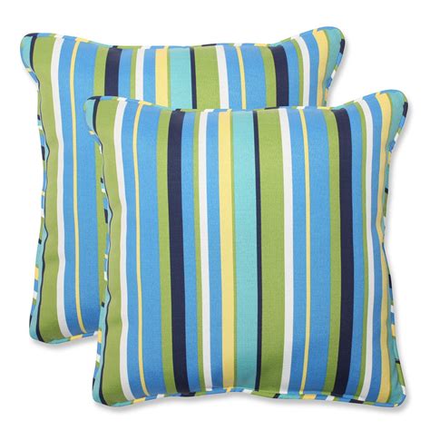 Set of 2 Strisce Luminose Striped Blue & Green Square Outdoor Corded Throw Pillows 18.5 ...