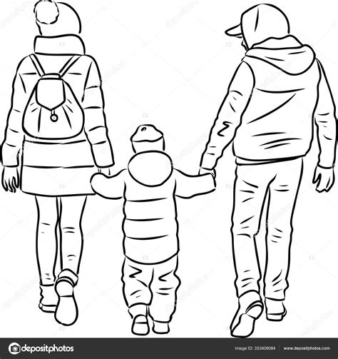 Vector Drawing Young Parents Child Walking Stroll Stock Vector Image by ©chronicler101 #353409084