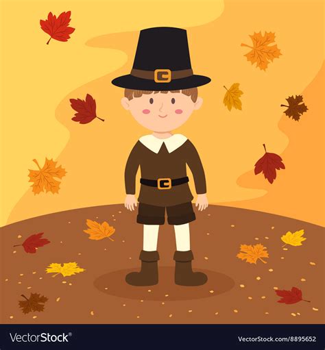 Thanksgiving pilgrim boy cartoon Royalty Free Vector Image