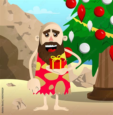 Cartoon caveman holding small gift box. Vector illustration of a man from the stone age. Stock ...