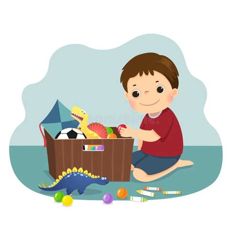 Cartoon of a Little Boy Putting His Toys into the Box. Kids Doing Housework Chores at Home ...