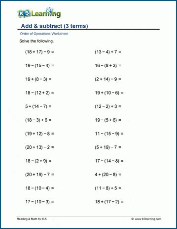 Add & subtract (3-4 terms) worksheets | K5 Learning