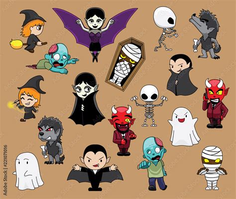 Various Halloween Cute Characters Werewolf Mummy Dracula Devil Ghost Witch Cartoon Vector ...