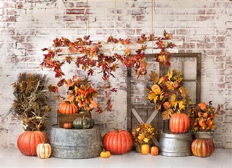 Rustic Fall Photography Backdrop, Door White Washed Brick, Leaves, Pumpkins, Autumn ...