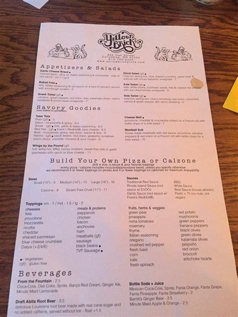 Menu at Yellow Brick Pizza pizzeria, Columbus, 892 Oak St