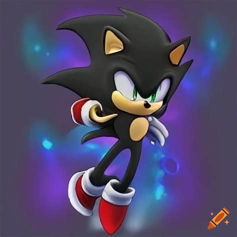 Dark sonic. hedgehog, black fur, no pupils, pointed eyes. red sneakers, white gloves. there is a ...