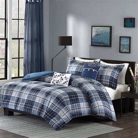 NEW Twin XL Full Queen Bed Navy Blue White Plaid Triangles 5 pc Comforter Set – The Clearance ...