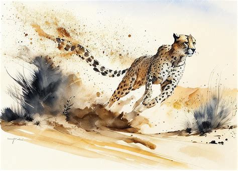 Premium AI Image | Watercolor painting of a cheetah running through the sand