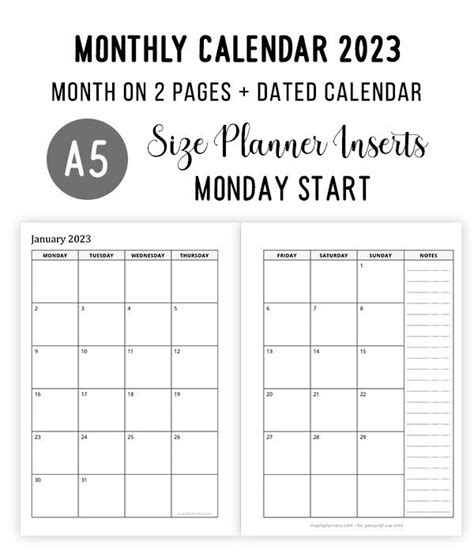 A5 Monthly Calendar 2023 - Month on 2 Pages (Monday Start)