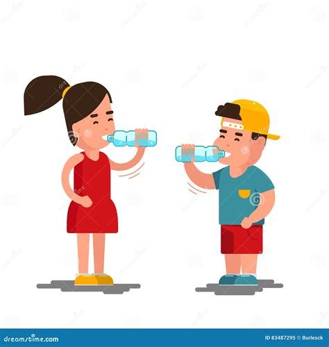 Little Boy and Girl Drinks Water Vector Illustration. Kids Drinking ...