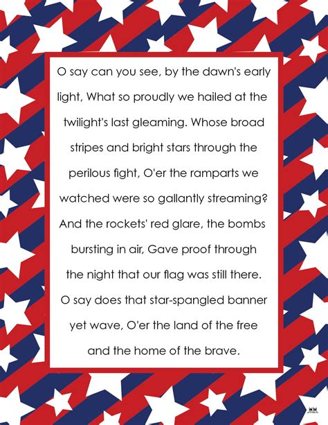 Star Spangled Banner Lyrics - 10 FREE Printables | Printabulls