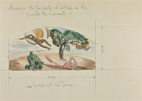 Gustave Bourgogne - The Sun and the Earth - Drawing in Pencil and Watercolor - Early 20th ...