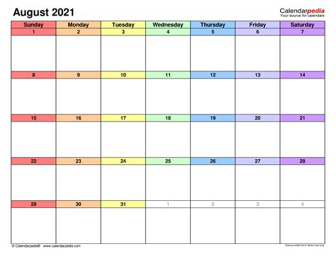 August 2021 Calendar | Templates for Word, Excel and PDF