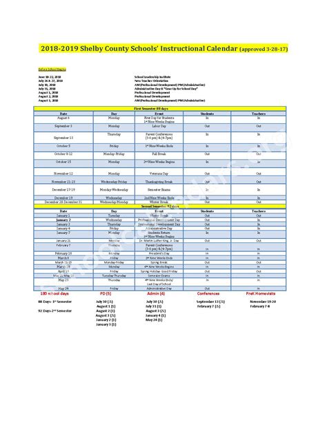 2018 - 2019 Instructional Calendar | Shelby County Schools – Memphis, TN