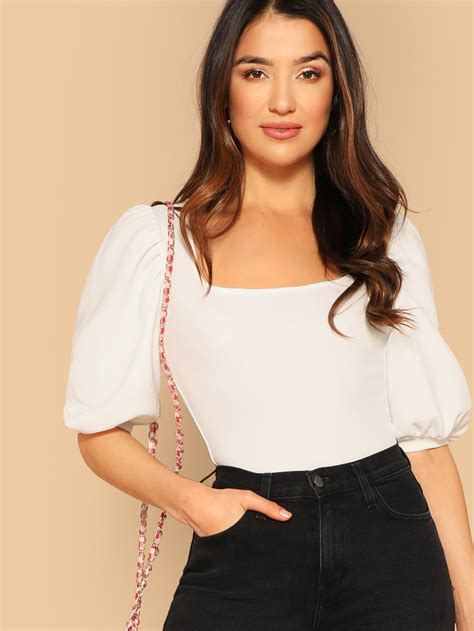 Puff Sleeve Square Neck Fitted Top | SHEIN IN