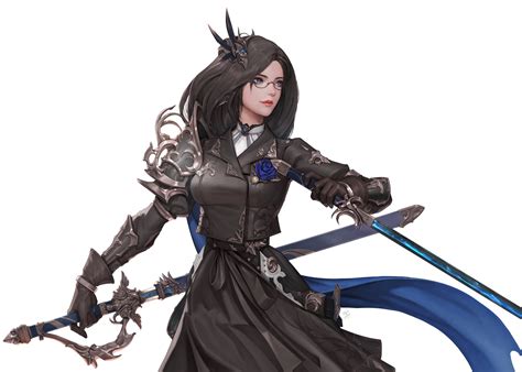 fantasy art, brunette, artwork, blue eyes, dark hair, glasses, women with glasses, sword ...