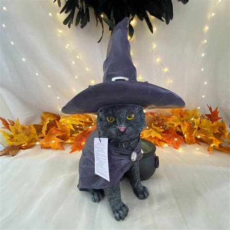 BLACK CAT WITCH HAT LIGHT UP LED CAULDRON FIGURINE STATUE HALLOWEEN NEW ...