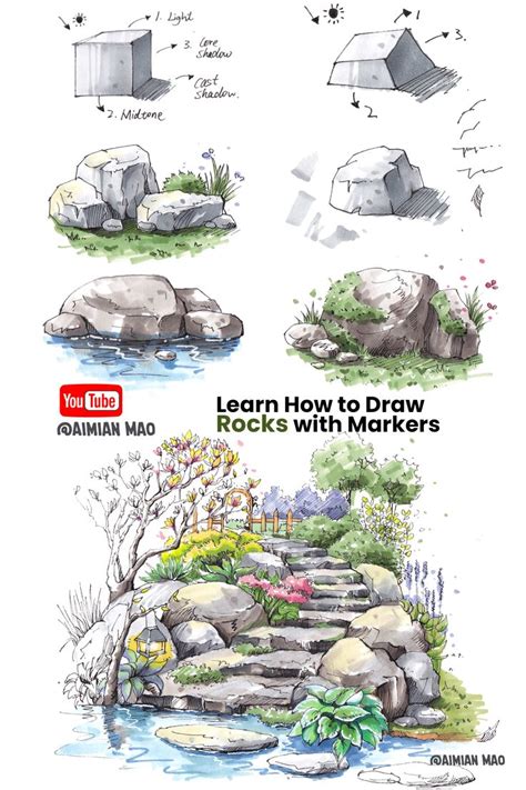 How to Draw Rocks with Markers | Landscape design drawings, Landscape ...