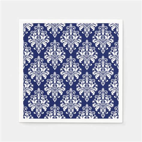 Elegant Navy Blue and White Damask Pattern Paper Napkins | Zazzle.com