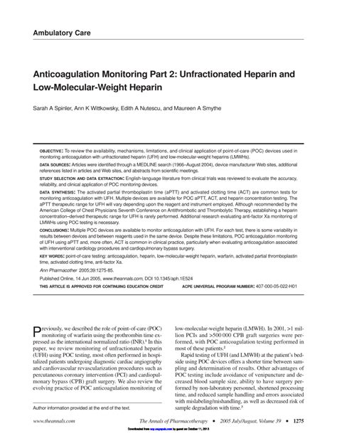 (PDF) Anticoagulation Monitoring Part 2: Unfractionated Heparin and Low ...