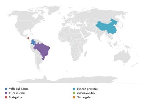 The map of coffee bean samples from six geographical origins ...