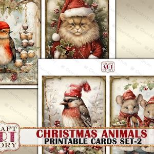 Vintage Christmas Animals Printable Cards Set-2,winter Printables Digital Papers - Etsy