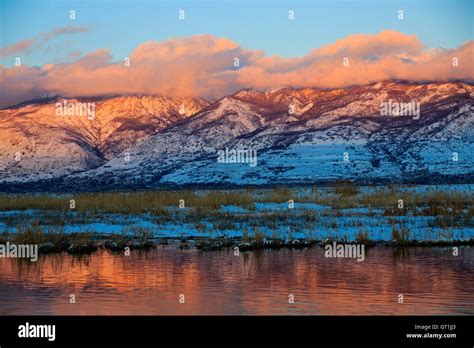 The Wasatch Mountains reflect on the open water at Farmington Bay ...