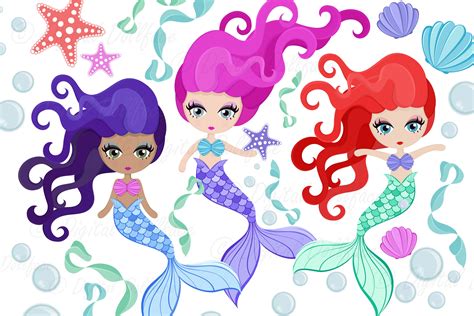 Cartoon Mermaids, Siren Clipart (517983) | Illustrations | Design Bundles