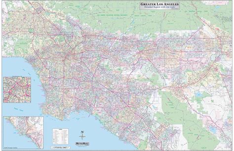 Greater Los Angeles Detailed Region Wall Map 44x67 W/zip Codes - Etsy