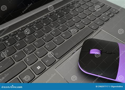 Pink Computer Mouse Lies on Laptop Keyboard Stock Image - Image of empty, view: 298297717