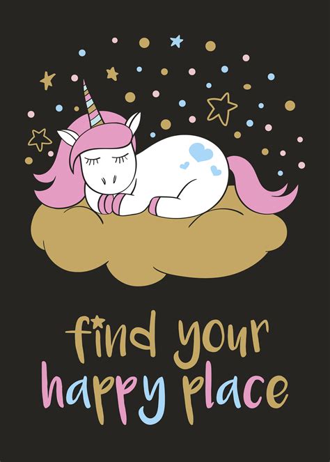 Magic cute unicorn in cartoon style with hand lettering Find your happy place. Doodle unicorn ...