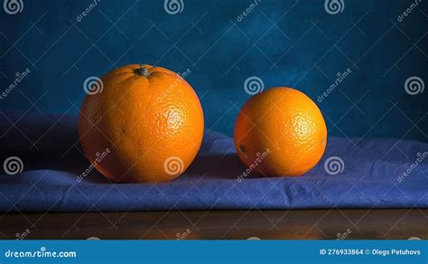 Two Oranges Sitting on a Blue Cloth on a Wooden Table Top with a Blue Background and a Blue ...