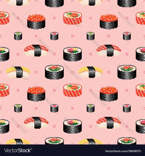 Pixel art sushi seamless pattern Royalty Free Vector Image