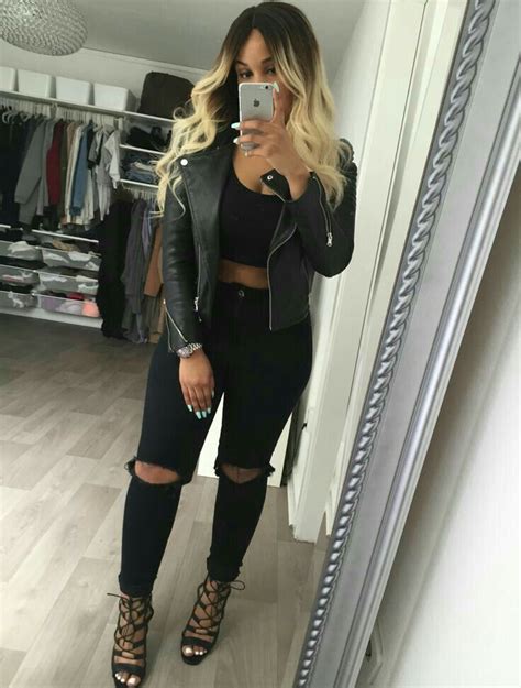 leather jacket, black tank top, ripped jeans - fall outfit. | Casual going out outfits, Jacket ...