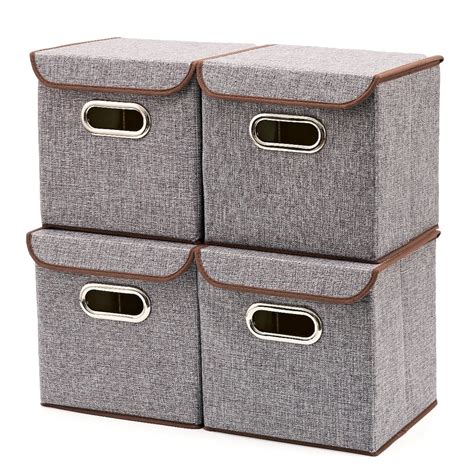 EZOWare Storage Bins with Lid [4-Pack] - Linen Fabric Folding Basket ...