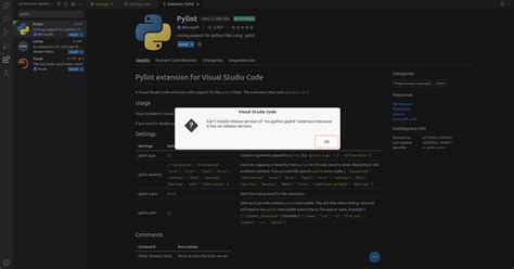 Can't install release version of 'ms-python.pylint' extension because ...