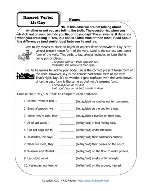 Misused Verbs: Lie/Lay Worksheet for 2nd - 4th Grade | Lesson Planet