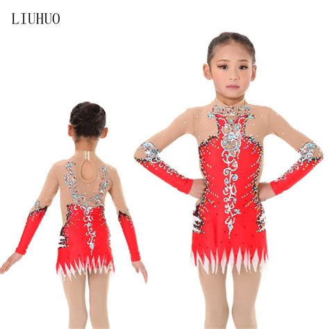 Girl Women rhythmic gymnastics performance suit Artistic gymnastics dress Red stand collar long ...