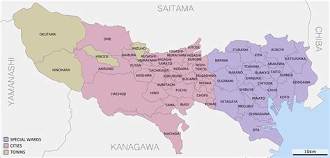 Tokyo prefecture map - Map of Tokyo prefectures (Kantō - Japan)