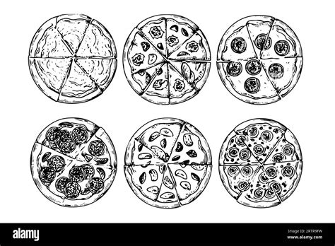 Set of italian pizza sketch hand drawn engraving style Vector illustration pack Stock Vector ...