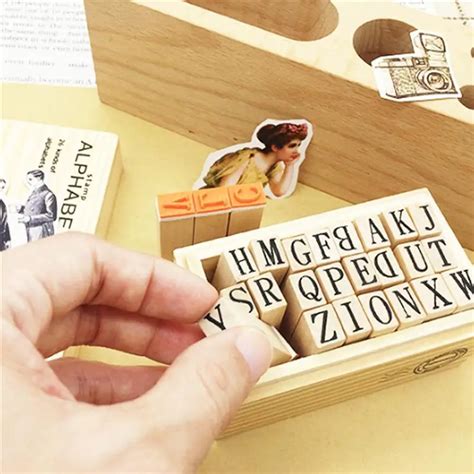 Alphabet Stamps Set Rubber Retro Wooden 26 Pieces Alphabet Stamps ABC Stamps for DIY Crafts ...