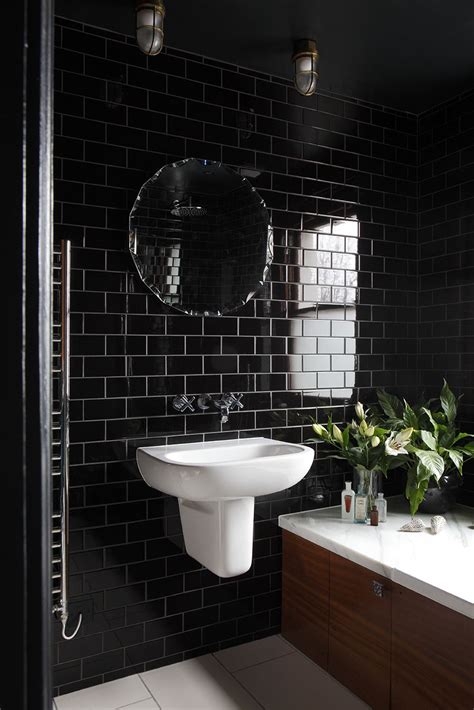 Black bathroom, with traditional high gloss black tiles, with iroko ...