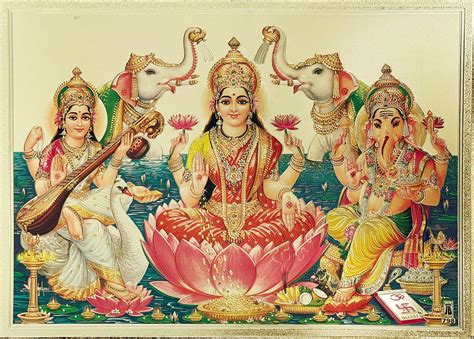 Lakshmi, Saraswathi and Ganesha with elephants in one picture Comes only picture. Frame is not ...