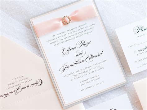 elegant formal luxury layered wedding invitation with satin ribbon and rhinestone crystal ...