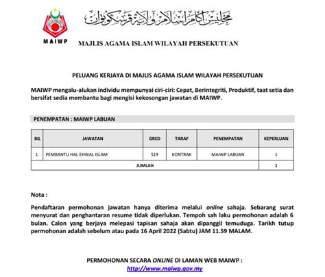 Iklan Jawatan Kosong Majlis Agama Islam Wilayah Persekutuan (MAIWP ...