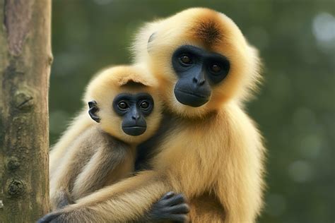 Close image of Cheeked Gibbon monkey mother with a child in the forest ...